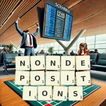 Creative illustration for a Scrabble game with the word NONDEPOSITIONS spelled out in tiles on the board.