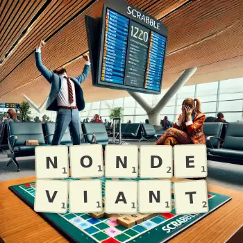 Creative illustration for a Scrabble game with the word NONDEVIANT spelled out in tiles on the board.