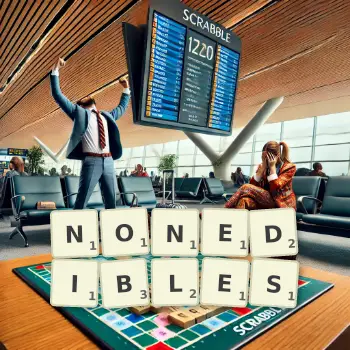 Creative illustration for a Scrabble game with the word NONEDIBLES spelled out in tiles on the board.