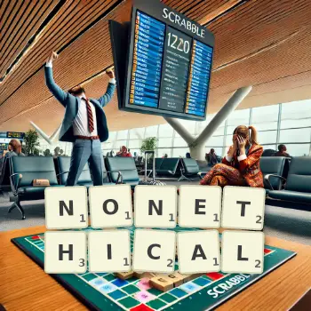 Creative illustration for a Scrabble game with the word NONETHICAL spelled out in tiles on the board.