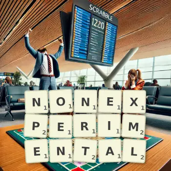 Creative illustration for a Scrabble game with the word NONEXPERIMENTAL spelled out in tiles on the board.