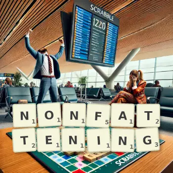 Creative illustration for a Scrabble game with the word NONFATTENING spelled out in tiles on the board.