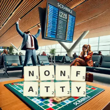 Creative illustration for a Scrabble game with the word NONFATTY spelled out in tiles on the board.