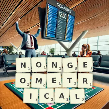 Creative illustration for a Scrabble game with the word NONGEOMETRICAL spelled out in tiles on the board.