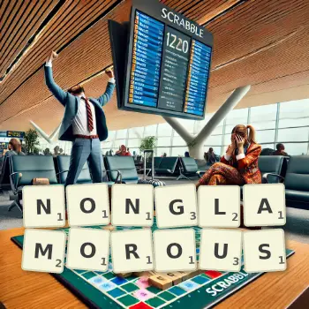Creative illustration for a Scrabble game with the word NONGLAMOROUS spelled out in tiles on the board.