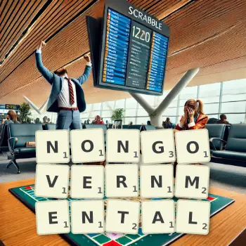 Creative illustration for a Scrabble game with the word NONGOVERNMENTAL spelled out in tiles on the board.