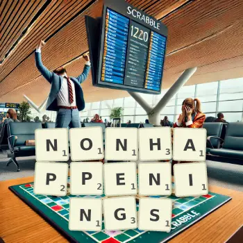 Creative illustration for a Scrabble game with the word NONHAPPENINGS spelled out in tiles on the board.