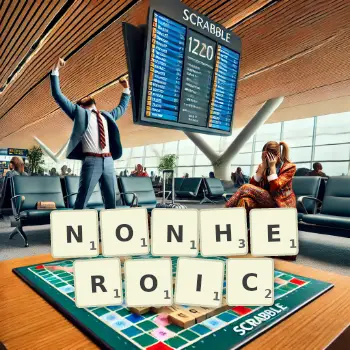 Creative illustration for a Scrabble game with the word NONHEROIC spelled out in tiles on the board.