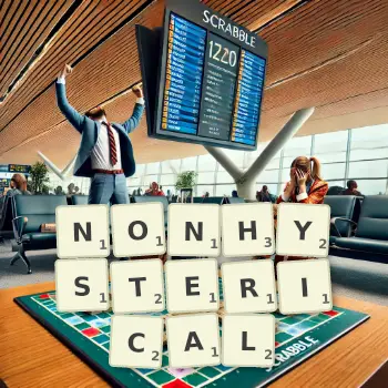 Creative illustration for a Scrabble game with the word NONHYSTERICAL spelled out in tiles on the board.