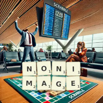 Creative illustration for a Scrabble game with the word NONIMAGE spelled out in tiles on the board.