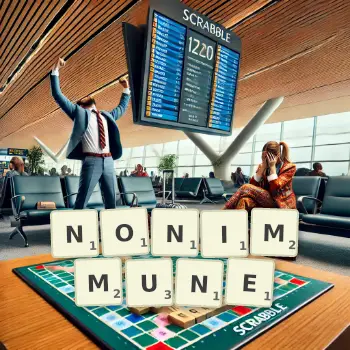 Creative illustration for a Scrabble game with the word NONIMMUNE spelled out in tiles on the board.