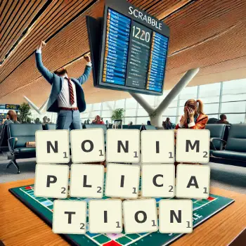 Creative illustration for a Scrabble game with the word NONIMPLICATION spelled out in tiles on the board.