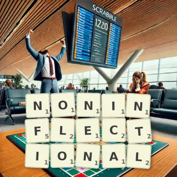 Creative illustration for a Scrabble game with the word NONINFLECTIONAL spelled out in tiles on the board.