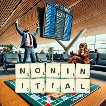 Creative illustration for a Scrabble game with the word NONINITIAL spelled out in tiles on the board.