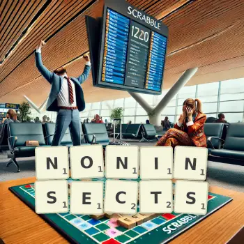 Creative illustration for a Scrabble game with the word NONINSECTS spelled out in tiles on the board.