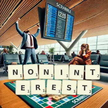 Creative illustration for a Scrabble game with the word NONINTEREST spelled out in tiles on the board.