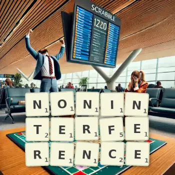 Creative illustration for a Scrabble game with the word NONINTERFERENCE spelled out in tiles on the board.