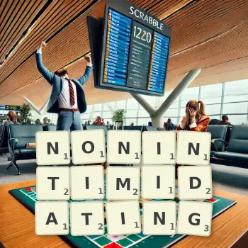 Creative illustration for a Scrabble game with the word NONINTIMIDATING spelled out in tiles on the board.