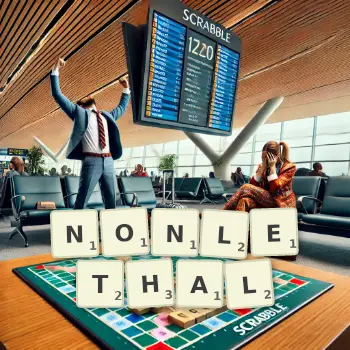 Creative illustration for a Scrabble game with the word NONLETHAL spelled out in tiles on the board.