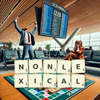 Creative illustration for a Scrabble game with the word NONLEXICAL spelled out in tiles on the board.