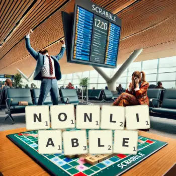 Creative illustration for a Scrabble game with the word NONLIABLE spelled out in tiles on the board.