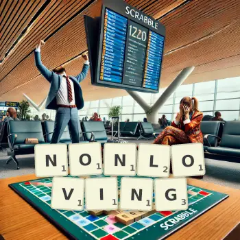 Creative illustration for a Scrabble game with the word NONLOVING spelled out in tiles on the board.