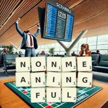 Creative illustration for a Scrabble game with the word NONMEANINGFUL spelled out in tiles on the board.