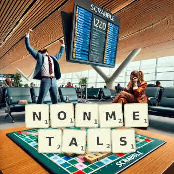 Creative illustration for a Scrabble game with the word NONMETALS spelled out in tiles on the board.