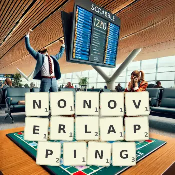 Creative illustration for a Scrabble game with the word NONOVERLAPPING spelled out in tiles on the board.