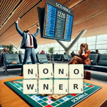 Creative illustration for a Scrabble game with the word NONOWNER spelled out in tiles on the board.