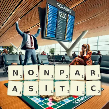 Creative illustration for a Scrabble game with the word NONPARASITIC spelled out in tiles on the board.