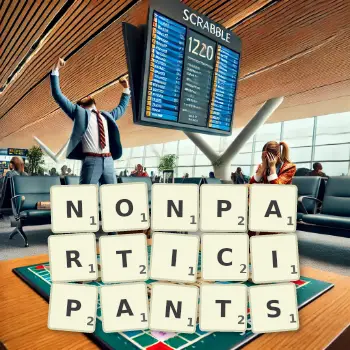 Creative illustration for a Scrabble game with the word NONPARTICIPANTS spelled out in tiles on the board.