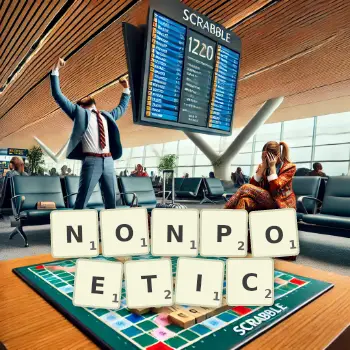 Creative illustration for a Scrabble game with the word NONPOETIC spelled out in tiles on the board.