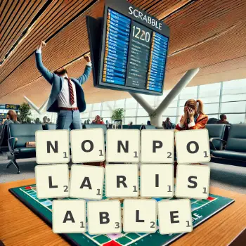 Creative illustration for a Scrabble game with the word NONPOLARISABLE spelled out in tiles on the board.