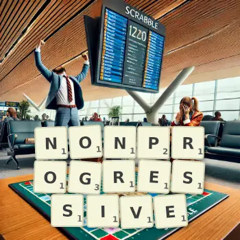 Creative illustration for a Scrabble game with the word NONPROGRESSIVE spelled out in tiles on the board.