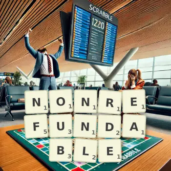 Creative illustration for a Scrabble game with the word NONREFUNDABLE spelled out in tiles on the board.