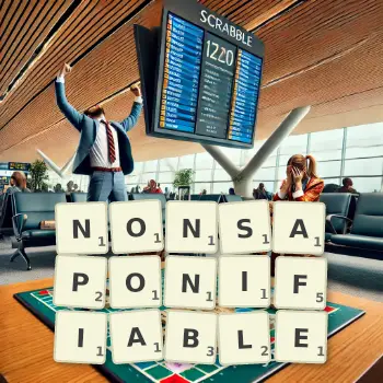 Creative illustration for a Scrabble game with the word NONSAPONIFIABLE spelled out in tiles on the board.