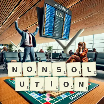 Creative illustration for a Scrabble game with the word NONSOLUTION spelled out in tiles on the board.