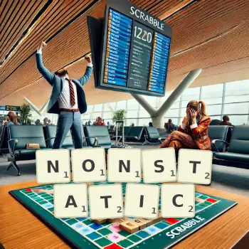 Creative illustration for a Scrabble game with the word NONSTATIC spelled out in tiles on the board.