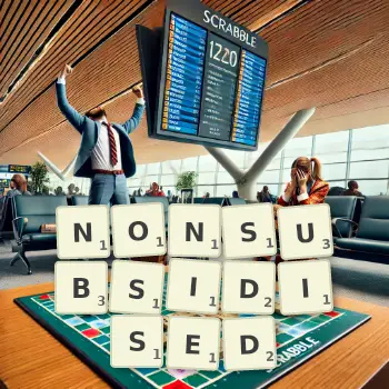 Creative illustration for a Scrabble game with the word NONSUBSIDISED spelled out in tiles on the board.
