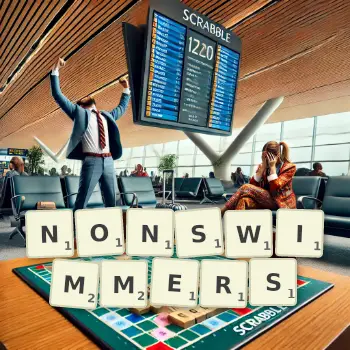 Creative illustration for a Scrabble game with the word NONSWIMMERS spelled out in tiles on the board.