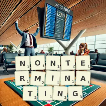 Creative illustration for a Scrabble game with the word NONTERMINATING spelled out in tiles on the board.