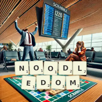 Creative illustration for a Scrabble game with the word NOODLEDOM spelled out in tiles on the board.