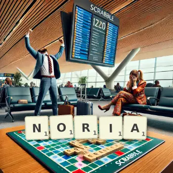 Creative illustration for a Scrabble game with the word NORIA spelled out in tiles on the board.
