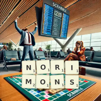 Creative illustration for a Scrabble game with the word NORIMONS spelled out in tiles on the board.