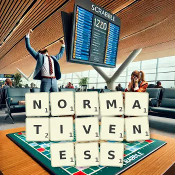 Creative illustration for a Scrabble game with the word NORMATIVENESS spelled out in tiles on the board.