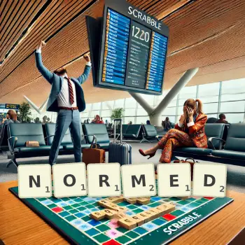 Creative illustration for a Scrabble game with the word NORMED spelled out in tiles on the board.