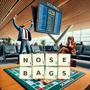 Creative illustration for a Scrabble game with the word NOSEBAGS spelled out in tiles on the board.