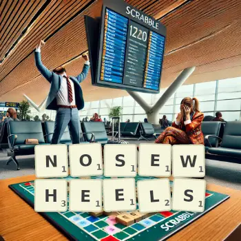 Creative illustration for a Scrabble game with the word NOSEWHEELS spelled out in tiles on the board.