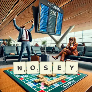 Creative illustration for a Scrabble game with the word NOSEY spelled out in tiles on the board.